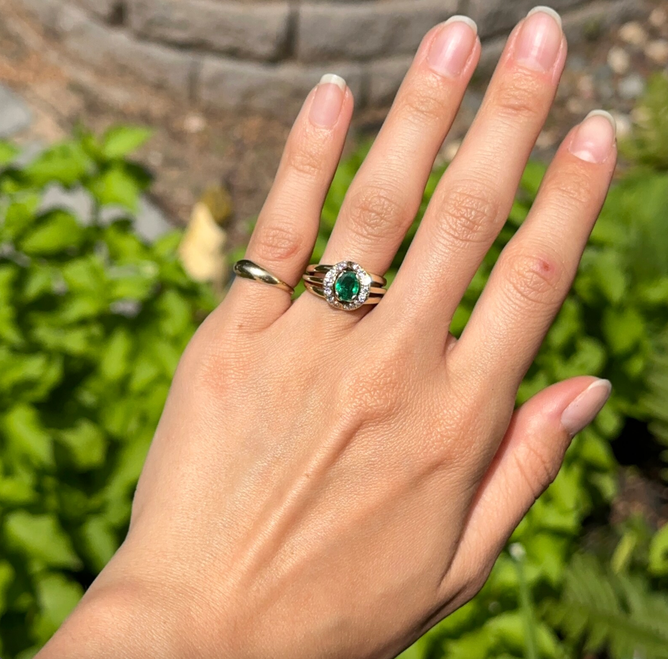 Estate Jose Hess 18KT Yellow Gold Oval .85 CT Emerald + Diamond Ring
