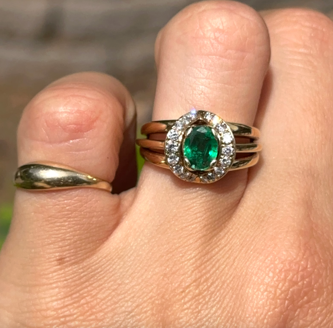 Estate Jose Hess 18KT Yellow Gold Oval .85 CT Emerald + Diamond Ring
