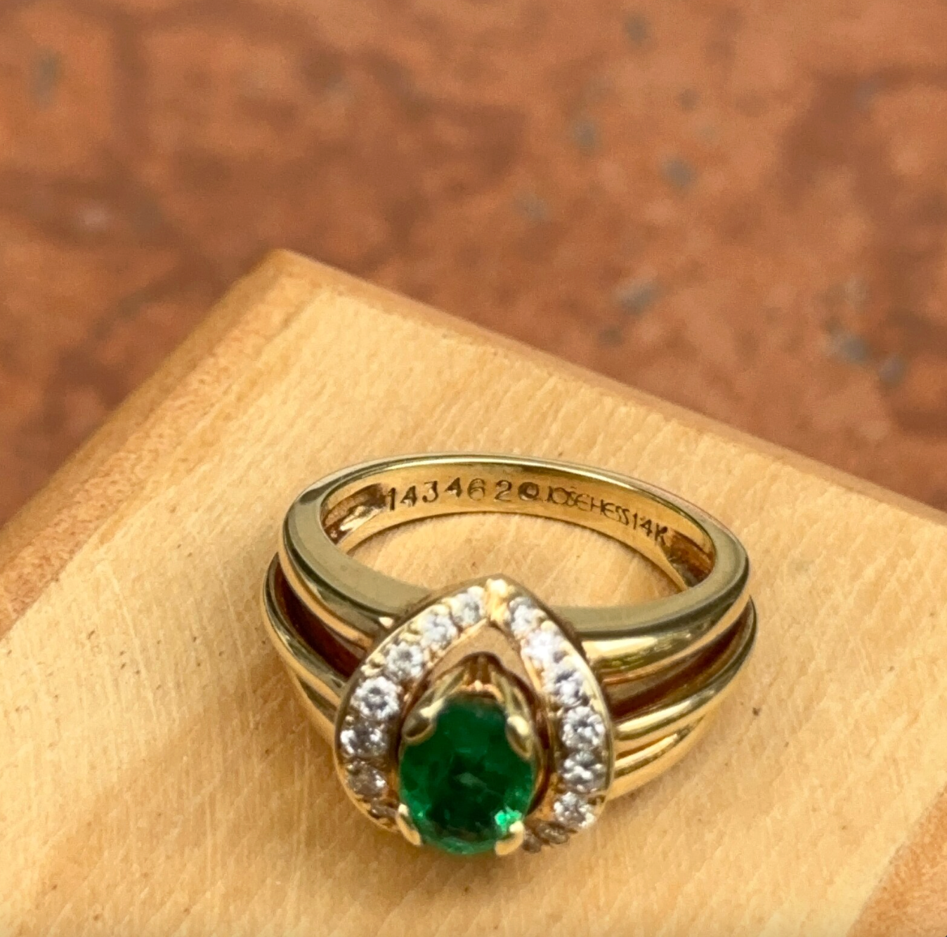 Estate Jose Hess 18KT Yellow Gold Oval .85 CT Emerald + Diamond Ring