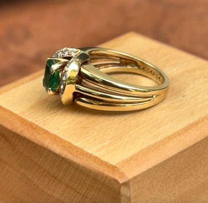 Estate Jose Hess 18KT Yellow Gold Oval .85 CT Emerald + Diamond Ring