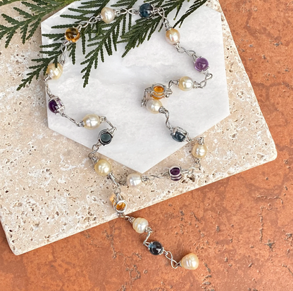 14KT White Gold Paspaley Pearl + Gemstones Station Lariat Necklace