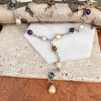 14KT White Gold Paspaley Pearl + Gemstones Station Lariat Necklace