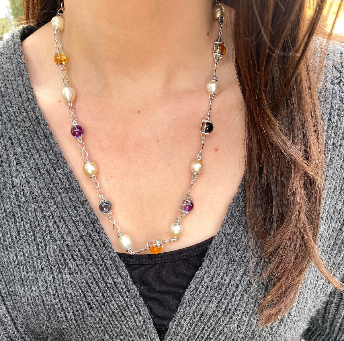 14KT White Gold Paspaley Pearl + Gemstones Station Lariat Necklace