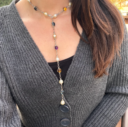 14KT White Gold Paspaley Pearl + Gemstones Station Lariat Necklace