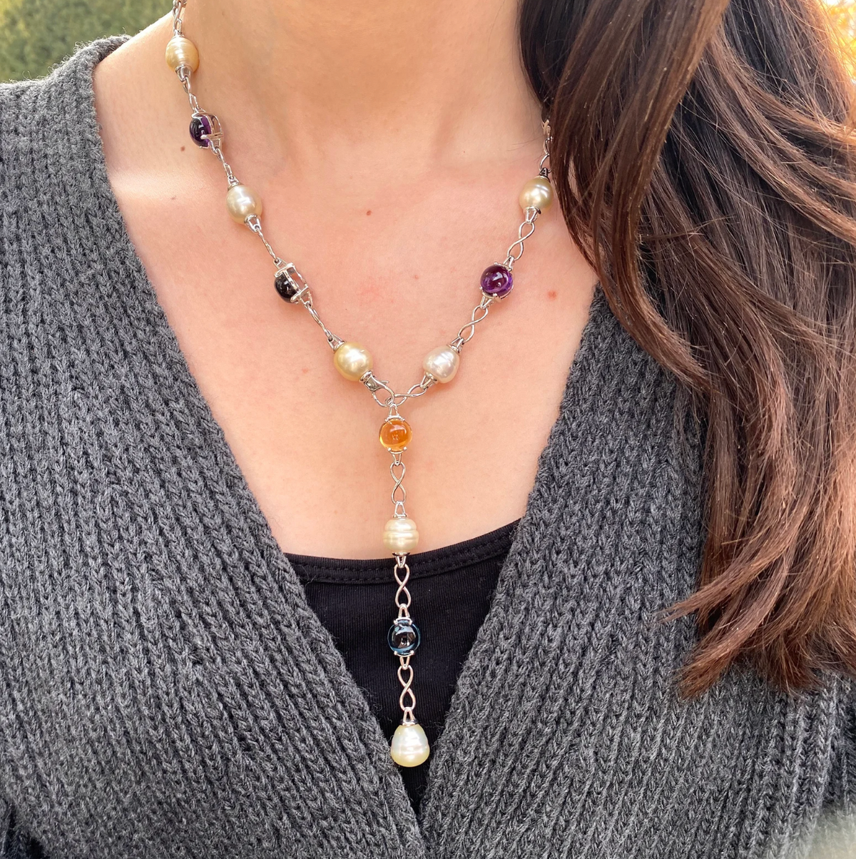 14KT White Gold Paspaley Pearl + Gemstones Station Lariat Necklace