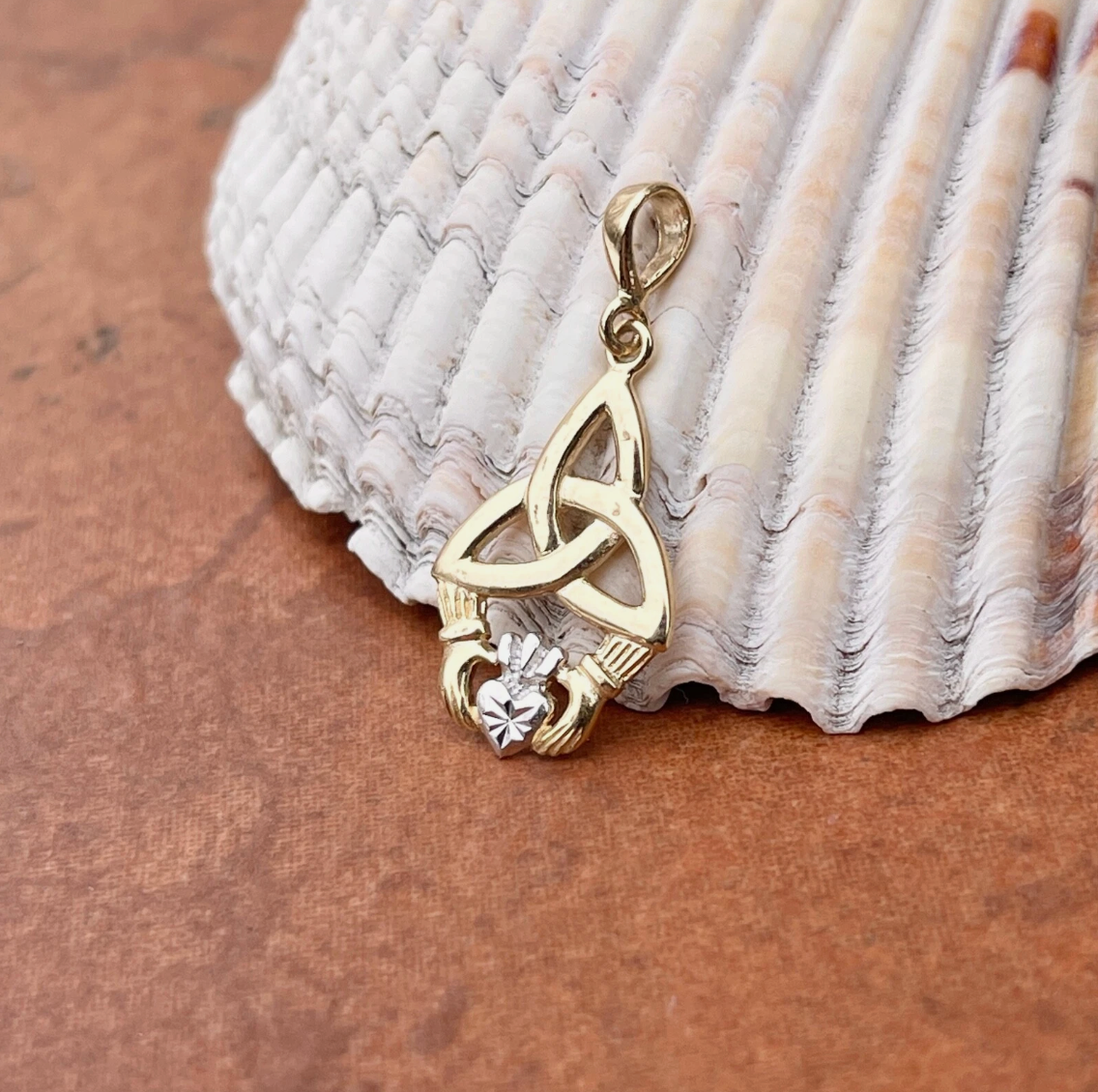 14K Yellow Gold Diamond-Cut Celtic Trinity Knot + Heart Pendant