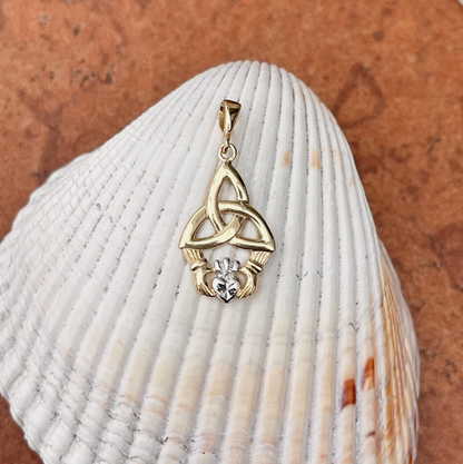 14K Yellow Gold Diamond-Cut Celtic Trinity Knot + Heart Pendant