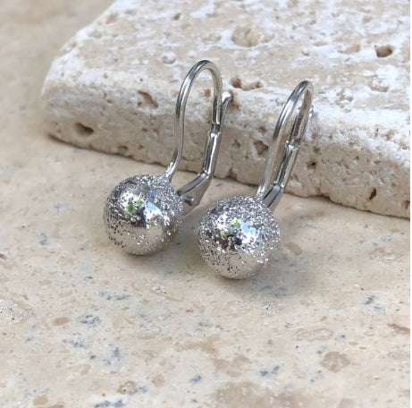 Sterling Silver Diamond-Cut Sparkle Ball Lever Back Earrings 8mm