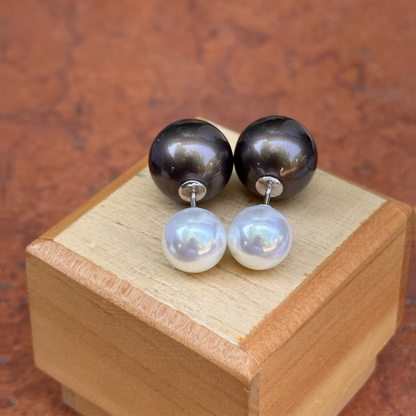 Sterling Silver Double-Ended White + Black Gray Pearl Ball Earrings