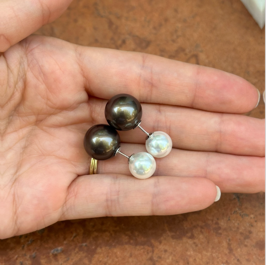 Sterling Silver Double-Ended White + Black Gray Pearl Ball Earrings