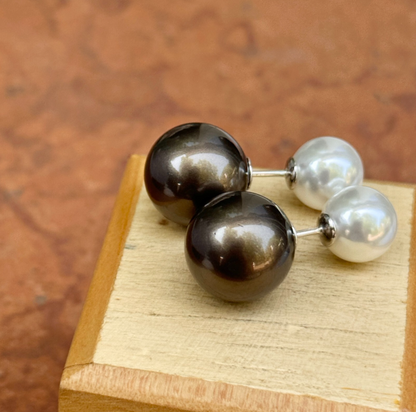 Sterling Silver Double-Ended White + Black Gray Pearl Ball Earrings