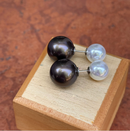 Sterling Silver Double-Ended White + Black Gray Pearl Ball Earrings
