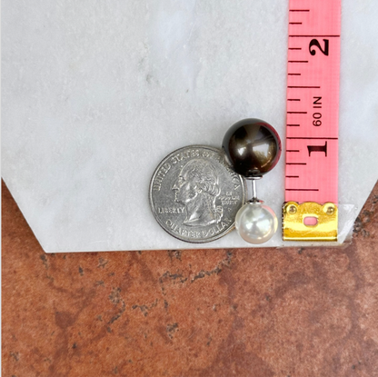 Sterling Silver Double-Ended White + Black Gray Pearl Ball Earrings