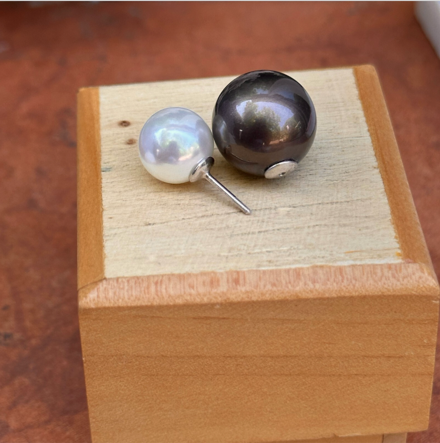 Sterling Silver Double-Ended White + Black Gray Pearl Ball Earrings