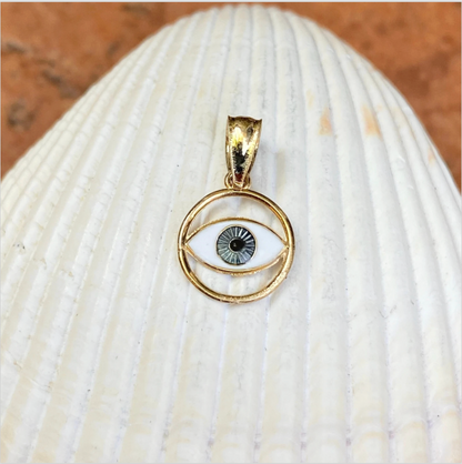 14KT Yellow Gold Blue Enamel Round Evil Eye Detailed Pendant Charm Small