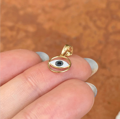 14KT Yellow Gold Blue Enamel Round Evil Eye Detailed Pendant Charm Small
