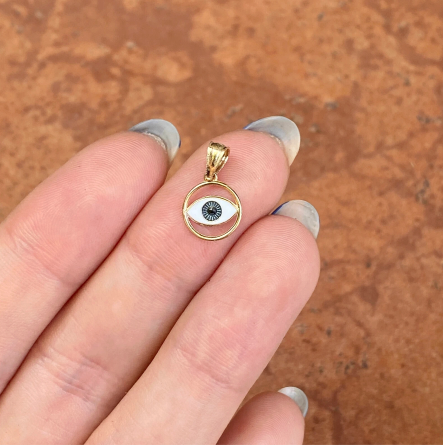 14KT Yellow Gold Blue Enamel Round Evil Eye Detailed Pendant Charm Small