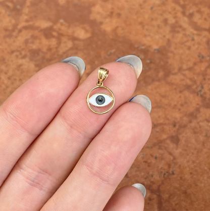 14KT Yellow Gold Blue Enamel Round Evil Eye Detailed Pendant Charm Small