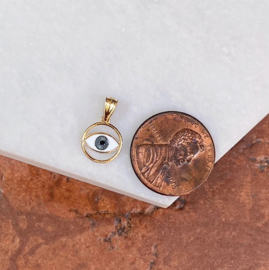 14KT Yellow Gold Blue Enamel Round Evil Eye Detailed Pendant Charm Small