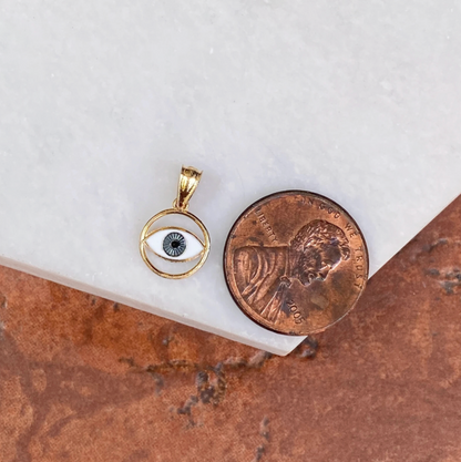 14KT Yellow Gold Blue Enamel Round Evil Eye Detailed Pendant Charm Small