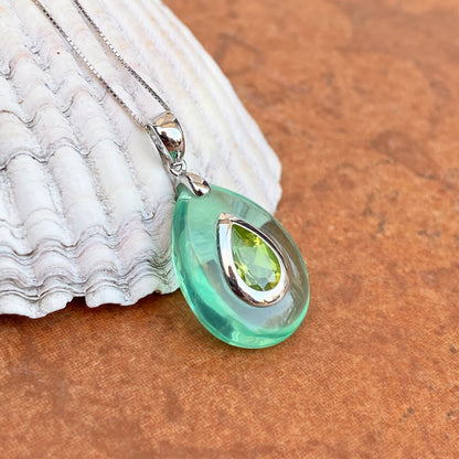 14KT White Gold Teardrop Green Peridot Resin Pendant Charm