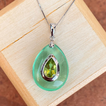 14KT White Gold Teardrop Green Peridot Resin Pendant Charm