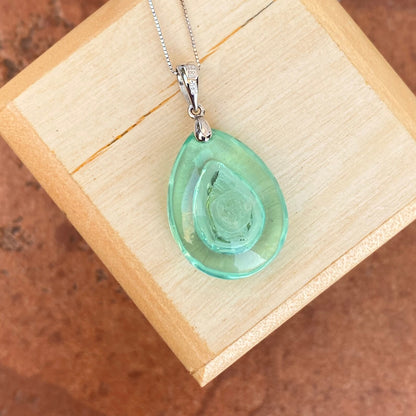 14KT White Gold Teardrop Green Peridot Resin Pendant Charm