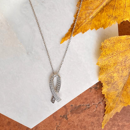 14KT White Gold & Pave Lab-Diamond Cancer Awareness Pendant Chain Necklace
