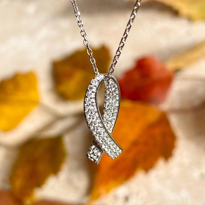 14KT White Gold & Pave Lab-Diamond Cancer Awareness Pendant Chain Necklace