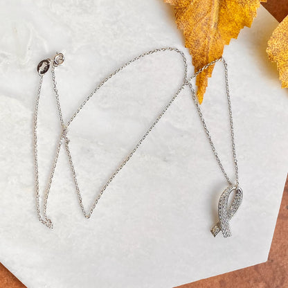 14KT White Gold & Pave Lab-Diamond Cancer Awareness Pendant Chain Necklace