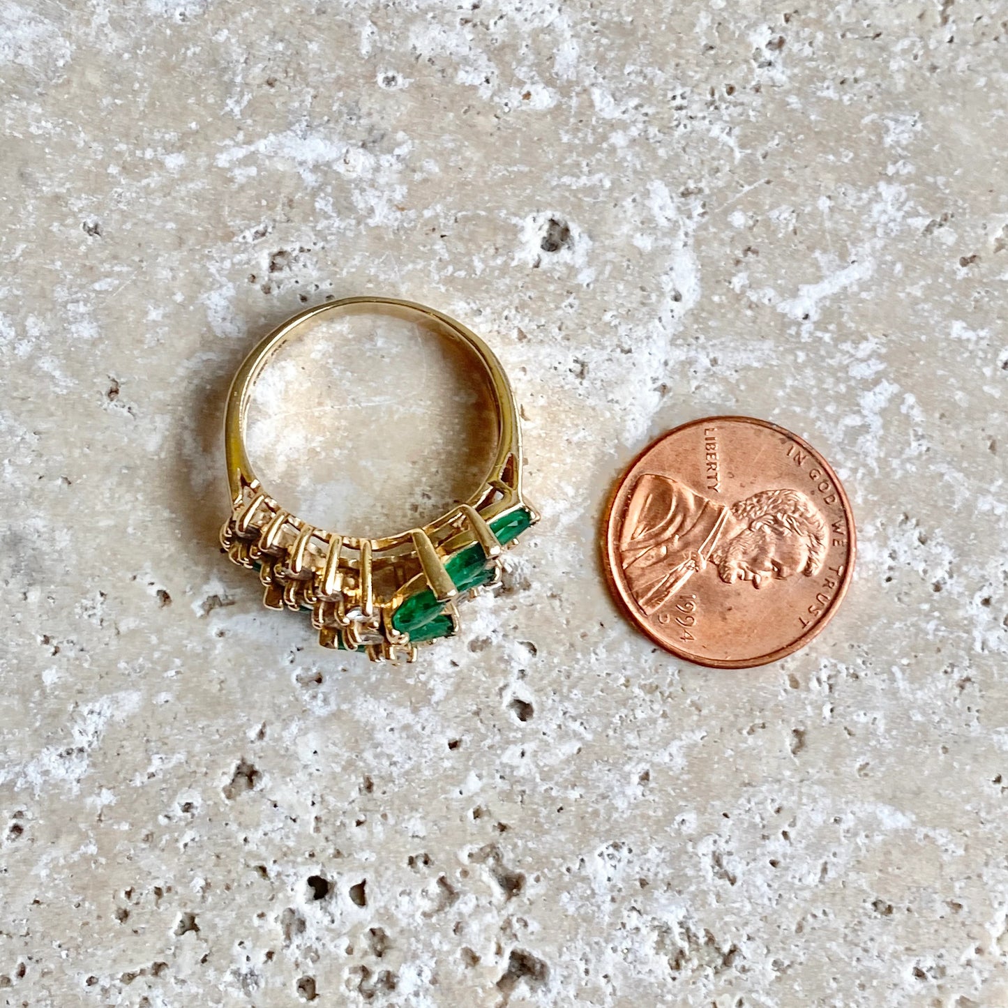 Estate 14KT Yellow Gold Marquise Colombian Emerald + Diamond Ring - LSJ