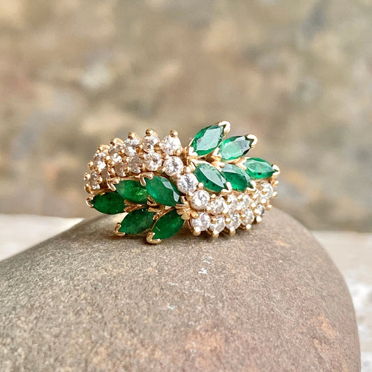 Estate 14KT Yellow Gold Marquise Colombian Emerald + Diamond Ring - LSJ