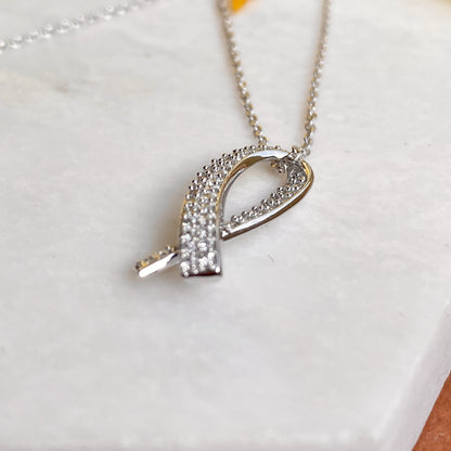 14KT White Gold & Pave Lab-Diamond Cancer Awareness Pendant Chain Necklace