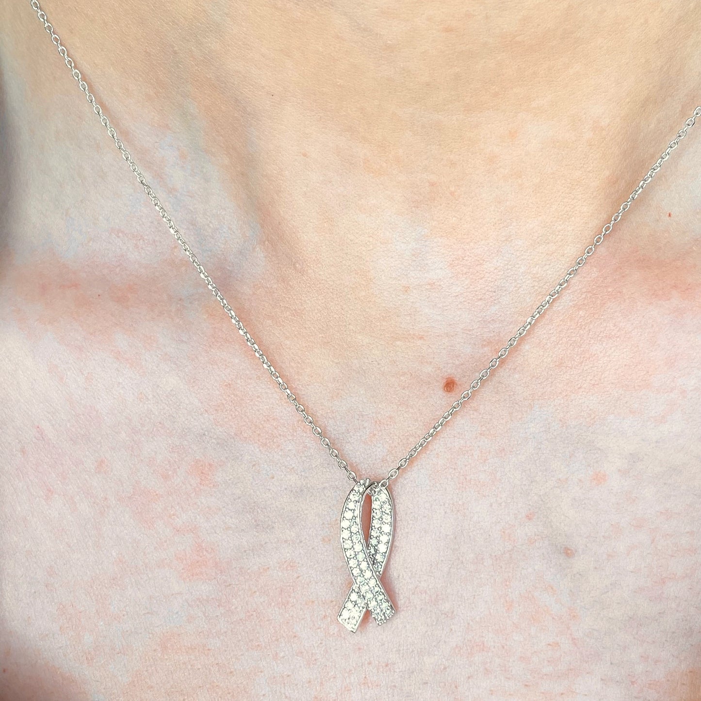 14KT White Gold & Pave Lab-Diamond Cancer Awareness Pendant Chain Necklace