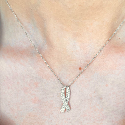 14KT White Gold & Pave Lab-Diamond Cancer Awareness Pendant Chain Necklace