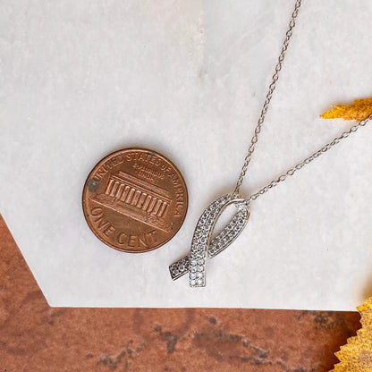 14KT White Gold & Pave Lab-Diamond Cancer Awareness Pendant Chain Necklace