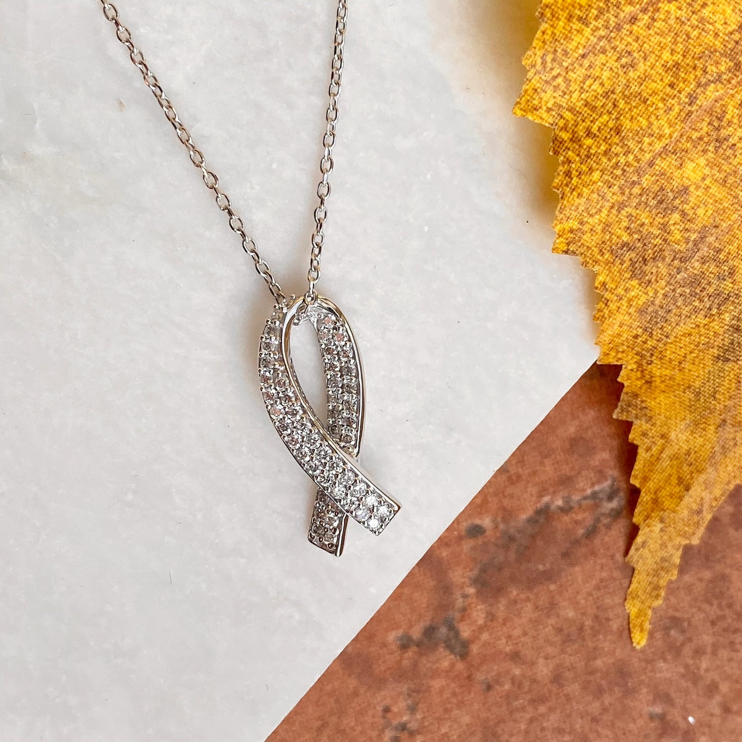 14KT White Gold & Pave Lab-Diamond Cancer Awareness Pendant Chain Necklace