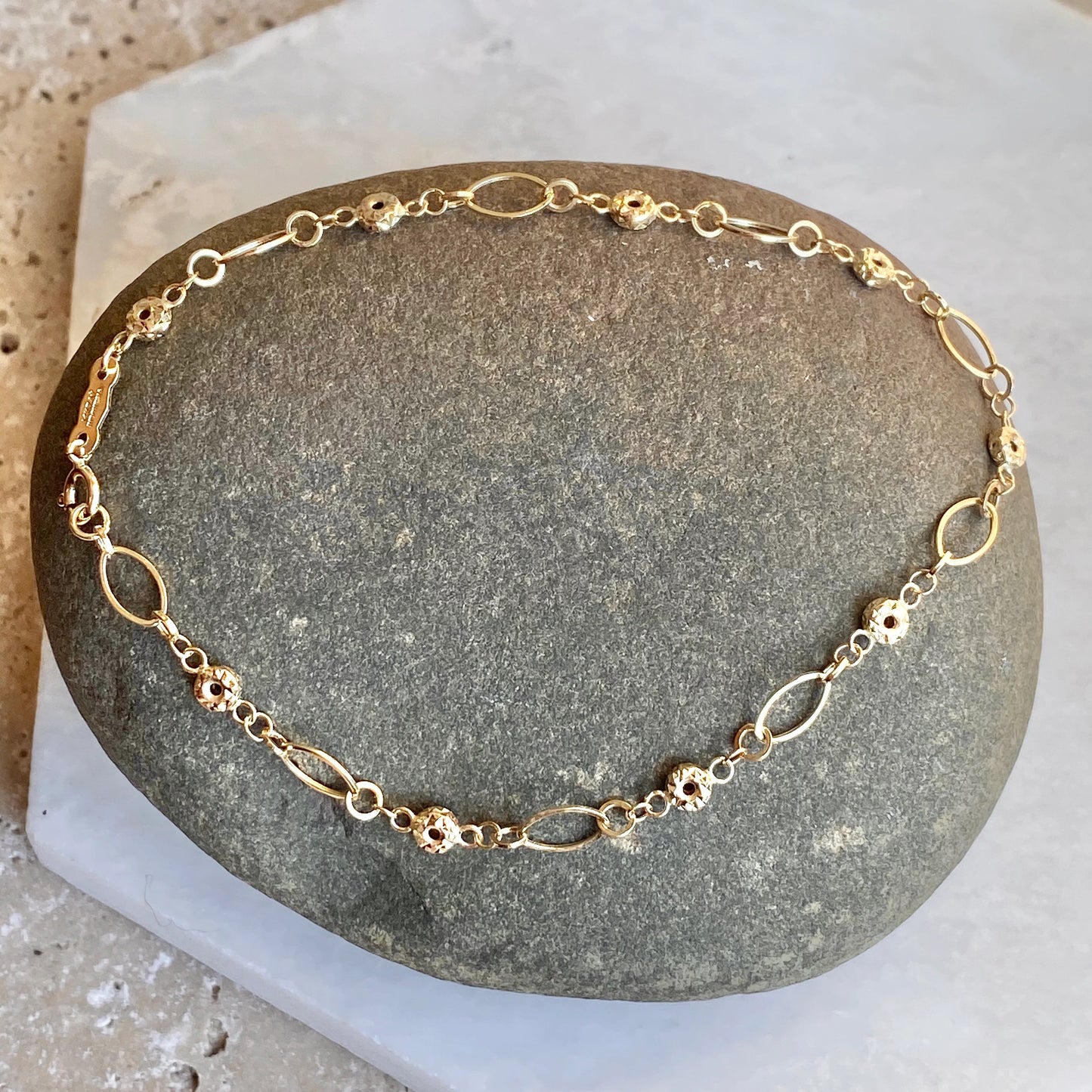 14KT Yellow Gold Diamond-Cut Ovals + Donuts Beaded Link Bracelet