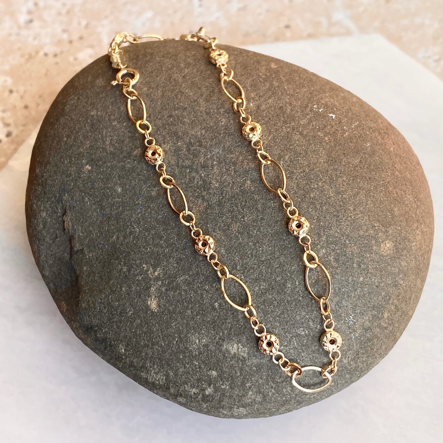 14KT Yellow Gold Diamond-Cut Ovals + Donuts Beaded Link Bracelet