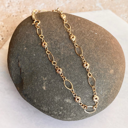 14KT Yellow Gold Diamond-Cut Ovals + Donuts Beaded Link Bracelet