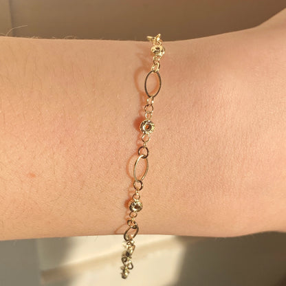 14KT Yellow Gold Diamond-Cut Ovals + Donuts Beaded Link Bracelet