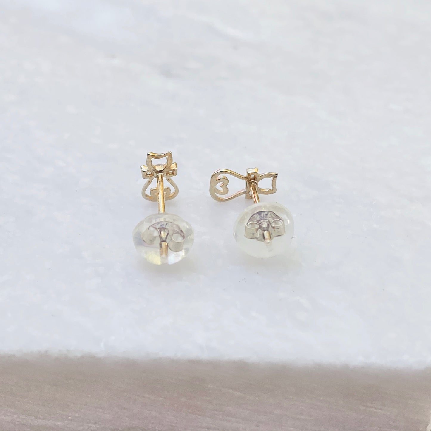 14KT Yellow Gold Cat + CZ Stones Stud Earrings