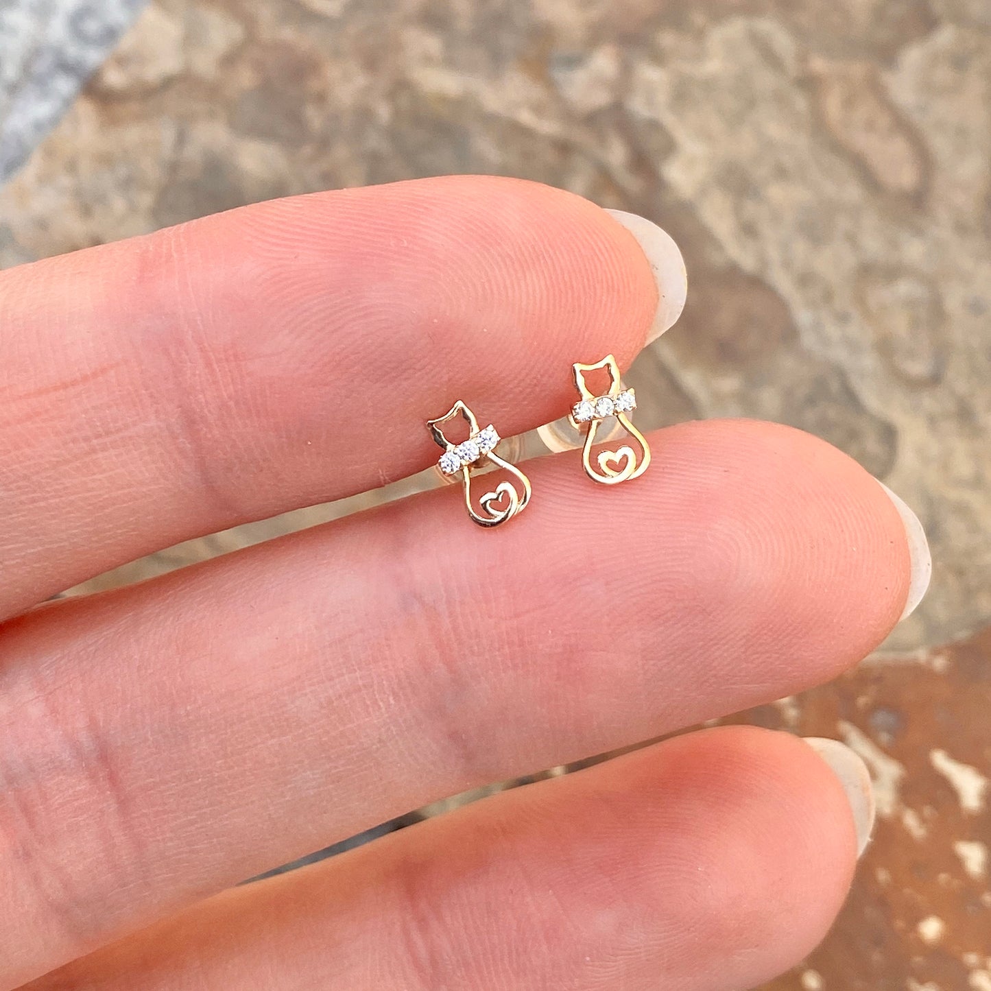 14KT Yellow Gold Cat + CZ Stones Stud Earrings