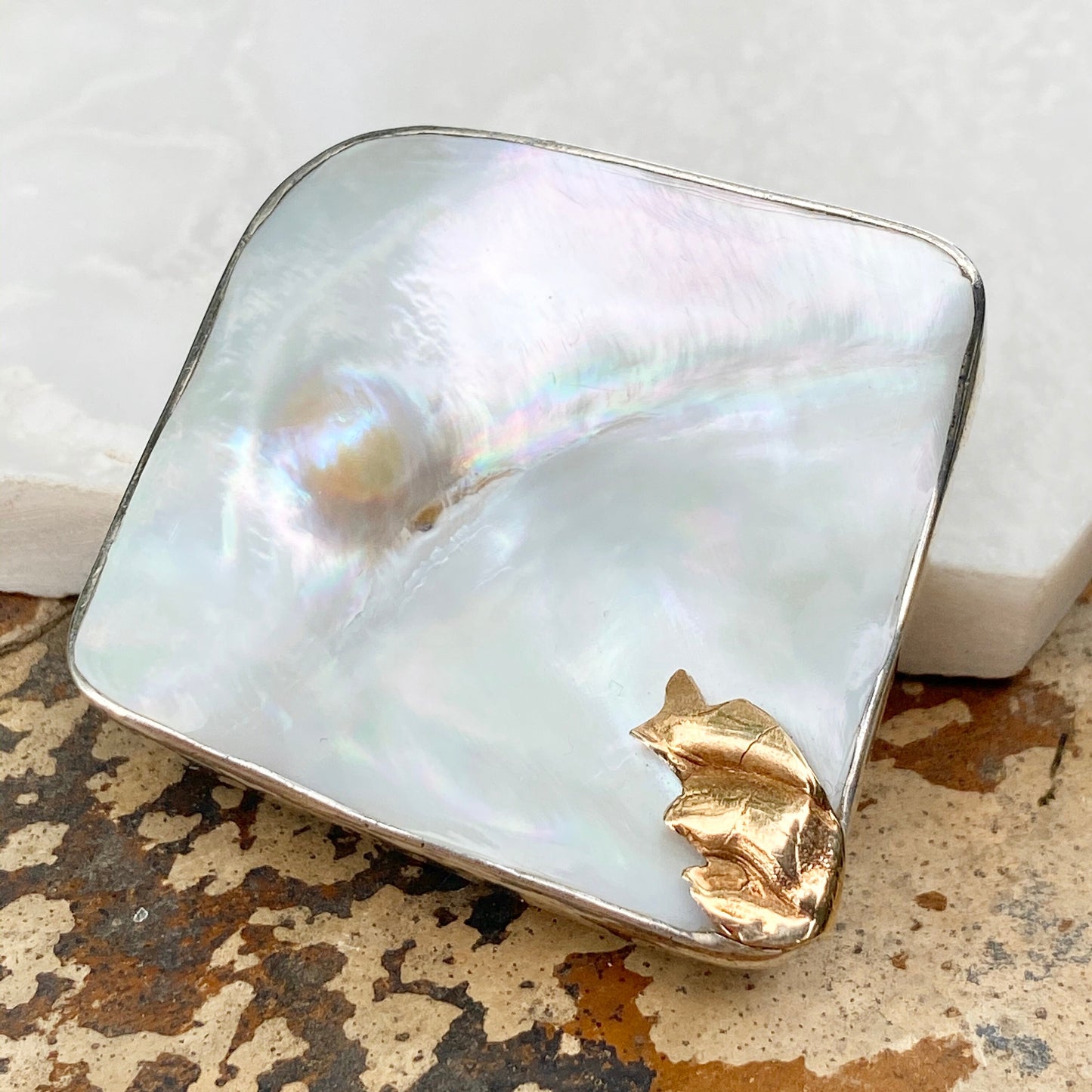 14KT Yellow Gold Sterling Silver Mabe Blister Pearl Pin Pendant Signed