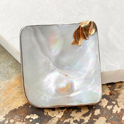 14KT Yellow Gold Sterling Silver Mabe Blister Pearl Pin Pendant Signed