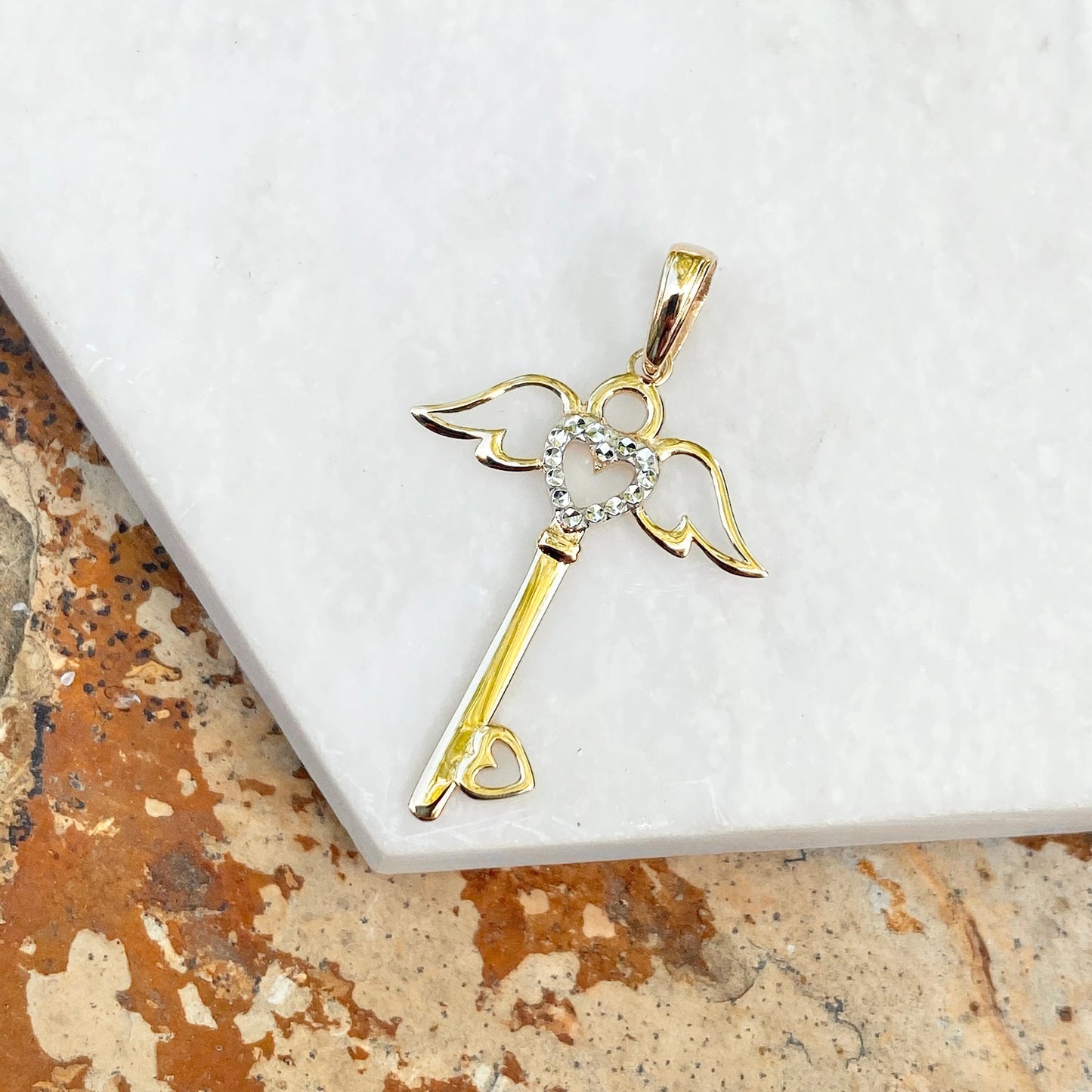 14KT Yellow Gold Diamond-Cut Heart + Angel Wings Key Pendant Charm