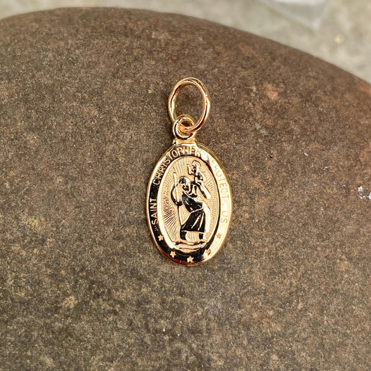 10KT Yellow Gold St Christopher Oval Medal Pendant Charm
