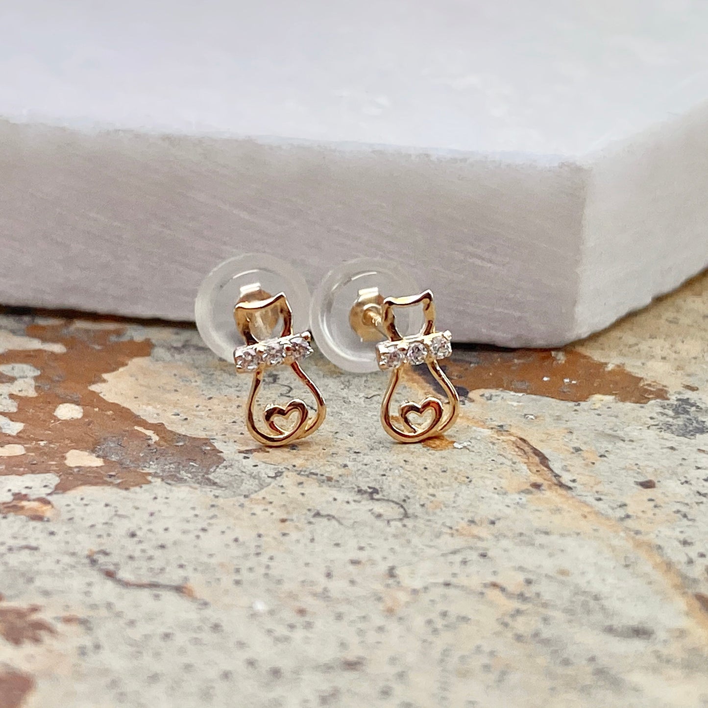 14KT Yellow Gold Cat + CZ Stones Stud Earrings