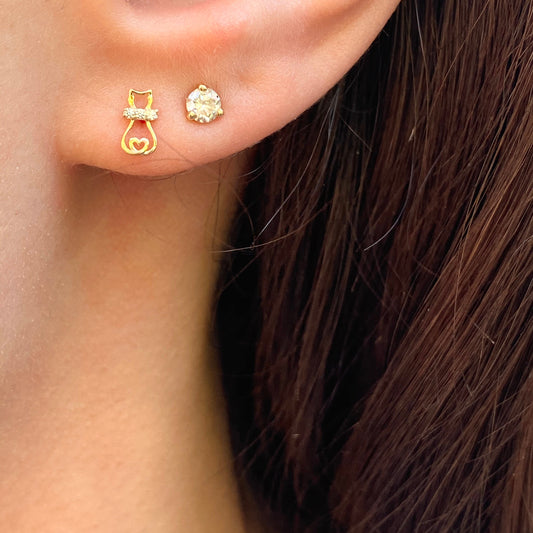 14KT Yellow Gold Cat + CZ Stones Stud Earrings