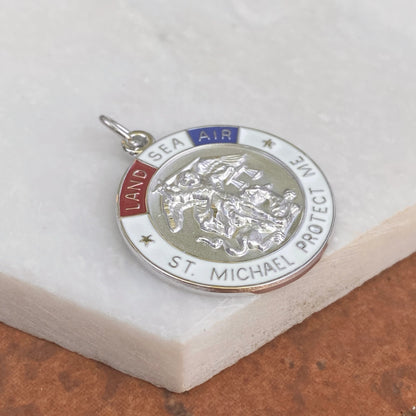 Sterling Silver Red, White, Blue St Michael Patron Saint of Military Round Medal Pendant